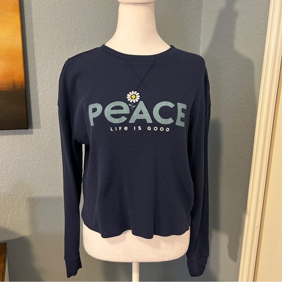 Life Is Good Other - LIFE IS GOOD Sleep Navy Peace Cropped Waffle Knit Thermal Pajama Top XS